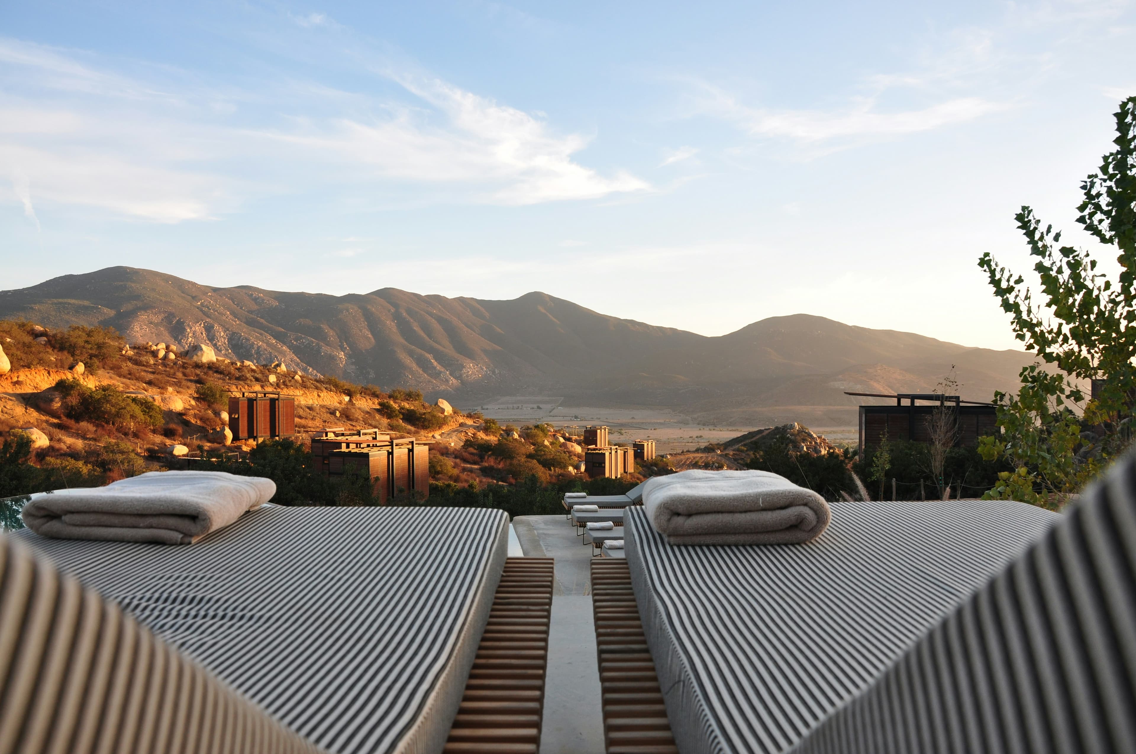 Hotel lounge chairs overlooking mountains